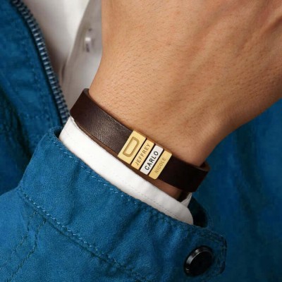 Personalised Dad And Children's Name Engraving Beads Leather Bracelets
