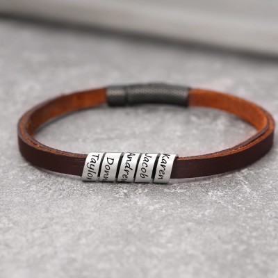Mens Personalised Engraved Name Leather Bracelets With 1-10 Names