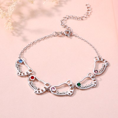 Silver Custom 1-10 Baby Feet Name Engraved Bracelet With Birthstone