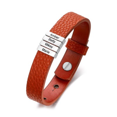 Personalised Dad And Children's 1-11 Name Engraving Bead Leather Bracelet