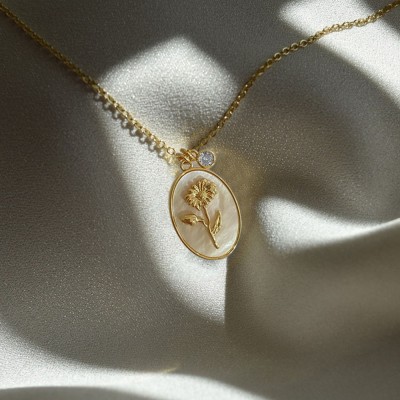 Personalised Dainty Birth Month Flower Mother Shell Gold Necklace With Birthstone For Mum