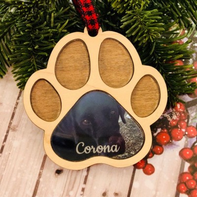 Personalised Wood Pet Paw Memorial Ornament With Photo Name Engraved