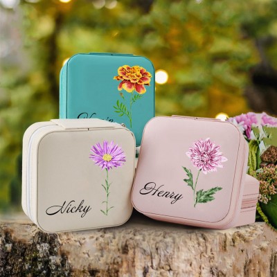 Personalised Birth Flower Jewelry Travel Box Bridesmaid Gift Case With Name