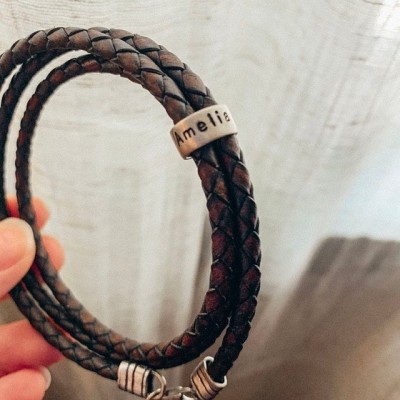 Mens Personalised Braided Beads Engraved Name Leather Bracelets With 1-10 Beads