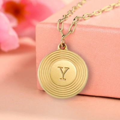 18K Gold Plating Personalised Engraved Initial Round Pendant Link Chain Necklace Layering Charms Gift For Her