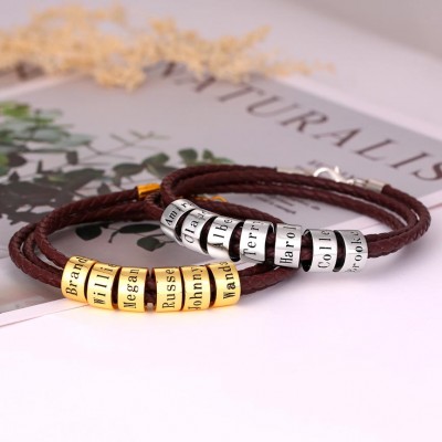 Personalised Beads Engraving Name Leather Bracelets With 1-10 Beads Gifts for Him