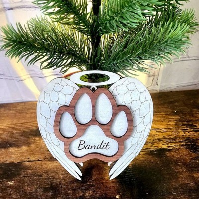 Personalised Wood Pet Paw Memorial Ornament with Angel Wings Name Engraved