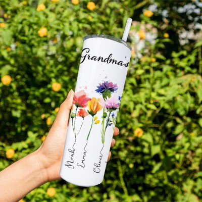 Personalised Grandma's Garden Tumbler With Grandkids Name and Birth Month Flower For Mother's Day
