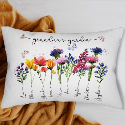 Personalised Grandma's Garden Pillow Birth Month Flower With Kids Name For Mother's Christmas Day