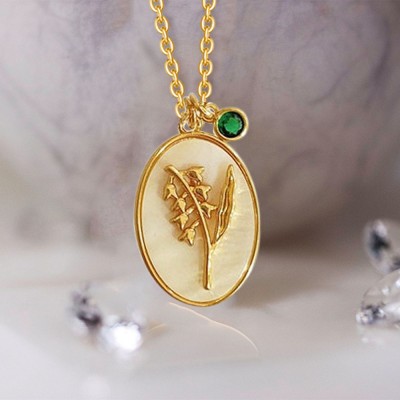 Personalised Dainty Birth Month Flower Mother Shell Gold Necklace With Birthstone For Mum