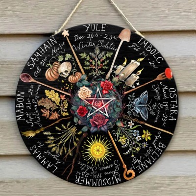 Wheel Of The Year Moon Phases Wooden hanging Calendar Sign
