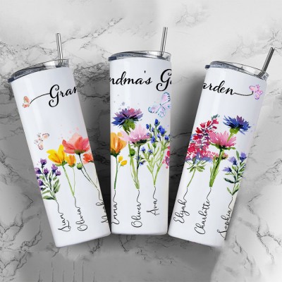 Personalised Grandma's Garden Tumbler With Grandkids Name and Birth Month Flower For Mother's Day