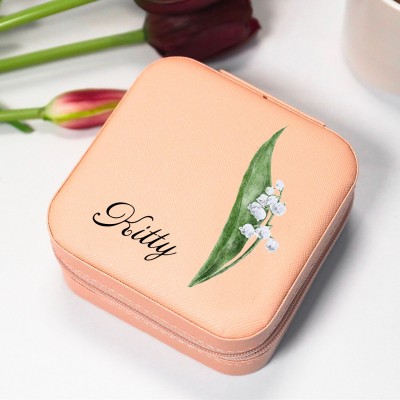 Personalised Birth Flower Jewelry Travel Box Bridesmaid Gift Case With Name
