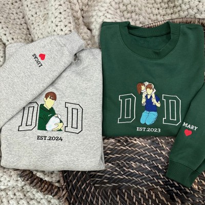 Custom Embroidered Dad Sweatshirt From Portrait with Kid Name Fathers Day or Birthday Gift for Dad