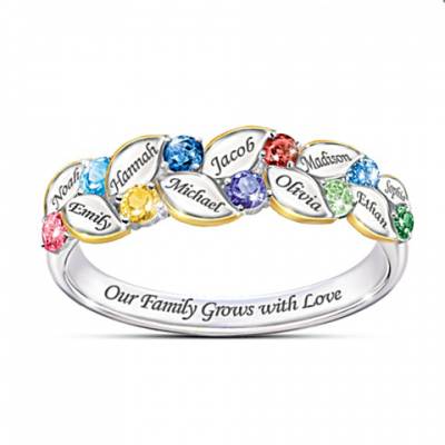 S925 Silver Personalized Heart Birthstone Ring Family Ring Gift With 1-9 Names