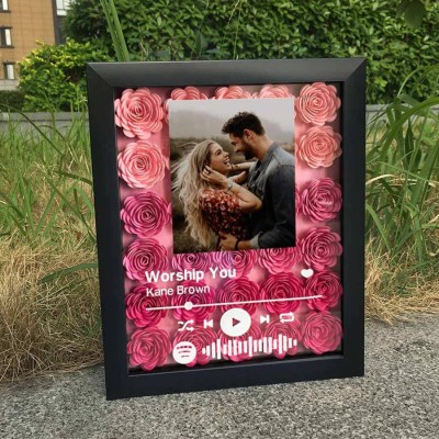 Personalised Spotify Flower Shadow Box With Couple Photo For Wedding Anniversary Valentine's Day
