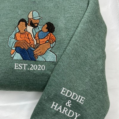 Custom Embroidered Dad Sweatshirt From Portrait with Kid Name Fathers Day or Birthday Gift for Dad