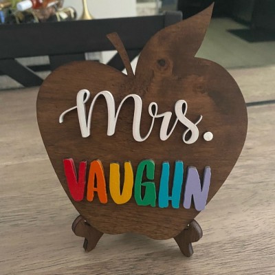 Personalised Teacher Name Wood Apple Sign Back to School Office Decor Christmas Gift