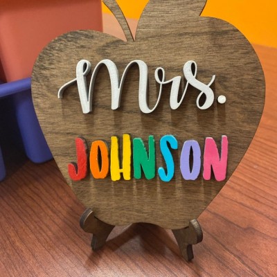 Personalised Teacher Name Wood Apple Sign Back to School Office Decor Christmas Gift