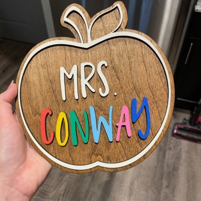 Personalised Teacher Name Wood Apple Sign Back to School Office Decor Christmas Gift