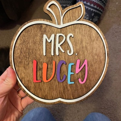 Personalised Teacher Name Wood Apple Sign Back to School Office Decor Christmas Gift