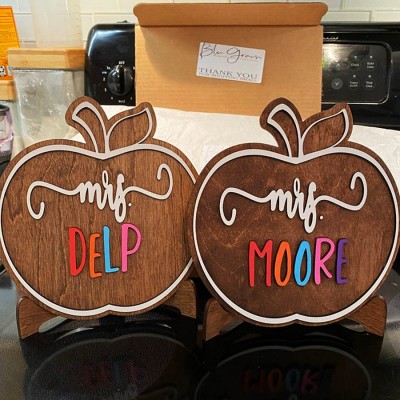Personalised Teacher Name Wood Apple Sign Back to School Office Decor Christmas Gift