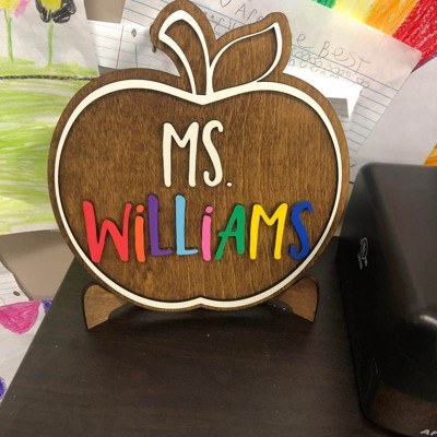 Personalised Teacher Name Wood Apple Sign Back to School Office Decor Christmas Gift