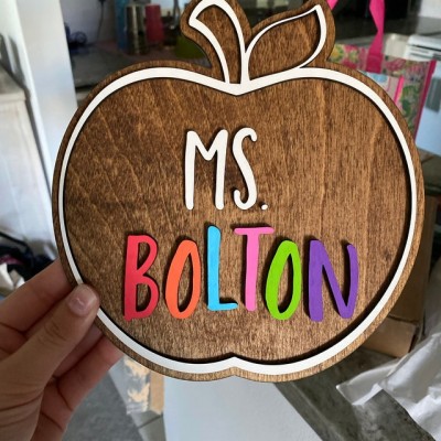 Personalised Teacher Name Wood Apple Sign Back to School Office Decor Christmas Gift