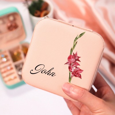 Personalised Birth Flower Jewelry Travel Box Bridesmaid Gift Case With Name