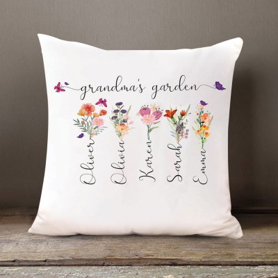 Personalised Grandma's Garden Pillow Birth Month Flower With Grandkids Name For Mother's Christmas Day