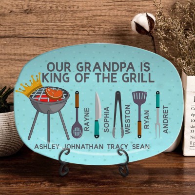 Personalised BBQ Dad Plate With Kids Name Our Grandpa Is King Of The Grill For Father's Day