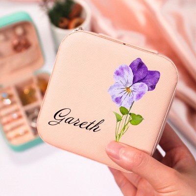 Personalised Birth Flower Jewelry Travel Box Bridesmaid Gift Case With Name