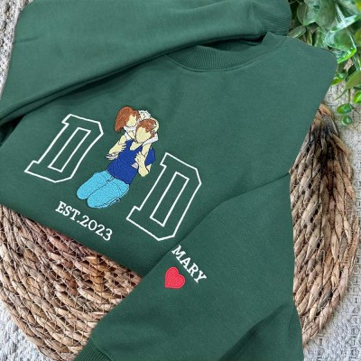 Custom Embroidered Dad Sweatshirt From Portrait with Kid Name Fathers Day or Birthday Gift for Dad