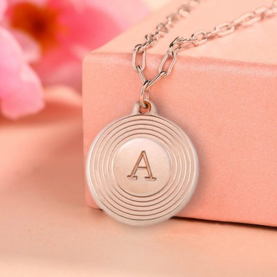 18K Rose Gold Plating Personalised Engraved Initial Round Pendant Link Chain Necklace Layering Charms Gift For Her