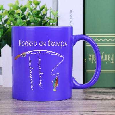 Personalised Coffee Mug Hooked on Grampa Fishing Gift With Kids Name