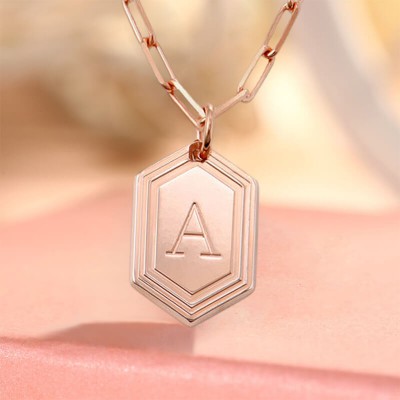 18K Rose Gold Plating Personalized Engraved Initial Pendant Link Chain Necklace Layering Charms Gift For Her