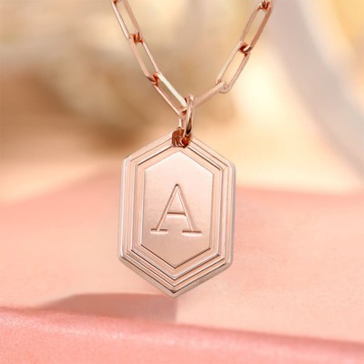 18K Rose Gold Plating Personalised Engraved Initial Pendant Link Chain Necklace Layering Charms Gift For Her