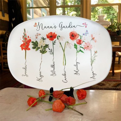Personalised Nana's Garden Platter With Grandkids Name and Birth Month Flower For Mother's Day