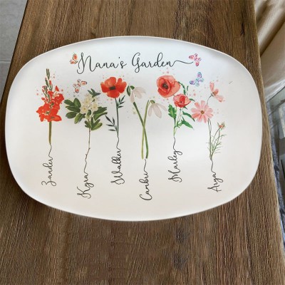 Nana's Garden Plate Personalized Birth Month Flower Platter With Kids Name For Mother's Christmas Day