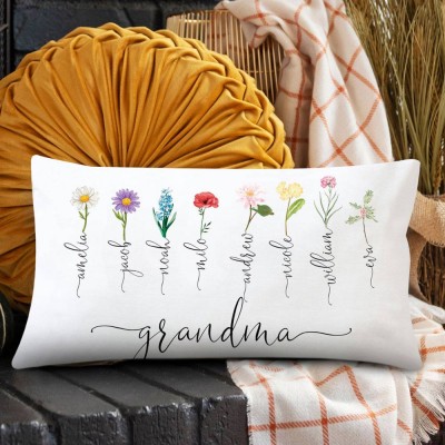 Personalised Grandma's Garden Pillow With Grandkids Names & Birth Month Flowers For Mother's Day