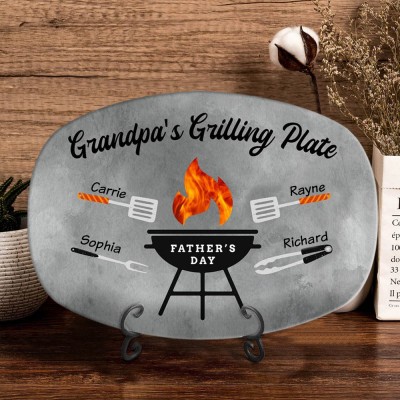 Personalized BBQ Platter With Kids Name Grandpa's Grilling Plate For Father's Day Gift Ideas