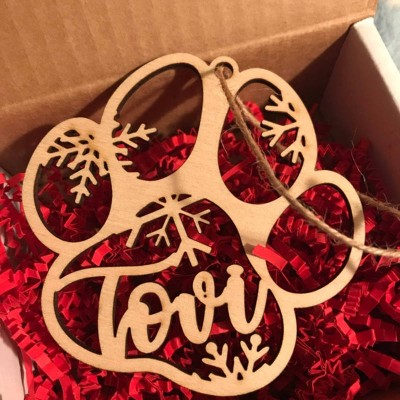 Personalised Wood Pet Paw Christmas Ornament With Name Engraved