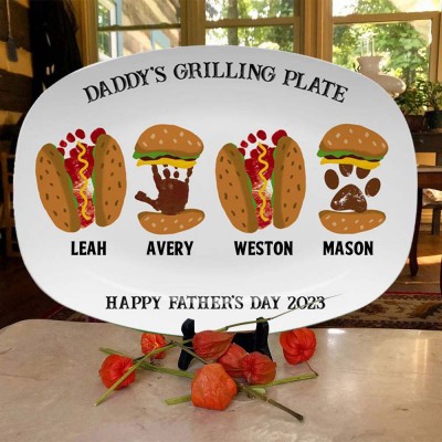 Custom Daddy's Grilling Plate Burger Hot Dog Handprint Footprint Platter With Kids Name For Father's Day