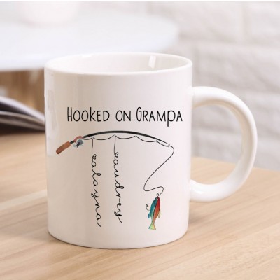 Personalised Coffee Mug Hooked on Grampa Fishing Gift With Kids Name