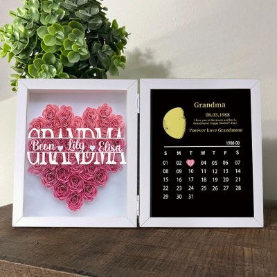 Personalised Flower Shadow Box Moon Phase Calendar with Names Gift for Mother's Day