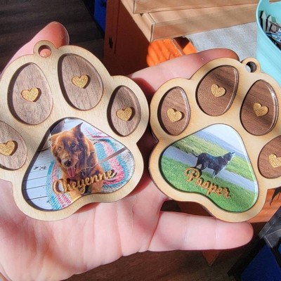 Personalised Wood Pet Paw Ornament With Photo Name Engraved