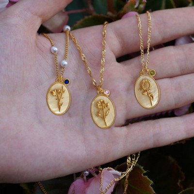 Personalised Dainty Birth Month Flower Mother Shell Gold Necklace With Birthstone For Mum
