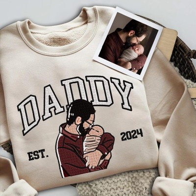 Custom Embroidered Dad Sweatshirt From Portrait with Kid Name Fathers Day or Birthday Gift for Dad
