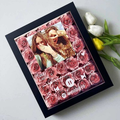 Personalised Spotify Flower Shadow Box With Best Friends Photo For Anniversary Galentine's Day