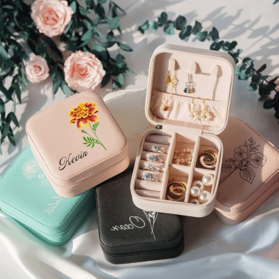 Personalised Birth Flower Jewelry Travel Box Bridesmaid Gift Case With Name